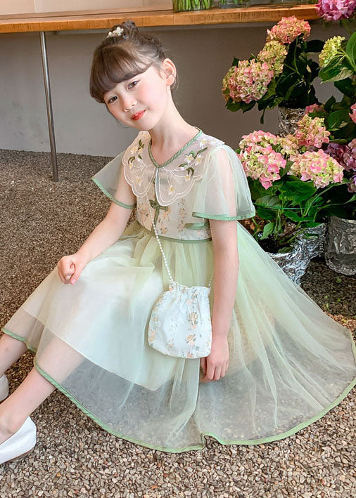 Stylish Light Green Embroideried Wrinkled Patchwork Tulle Kids Dress Summer