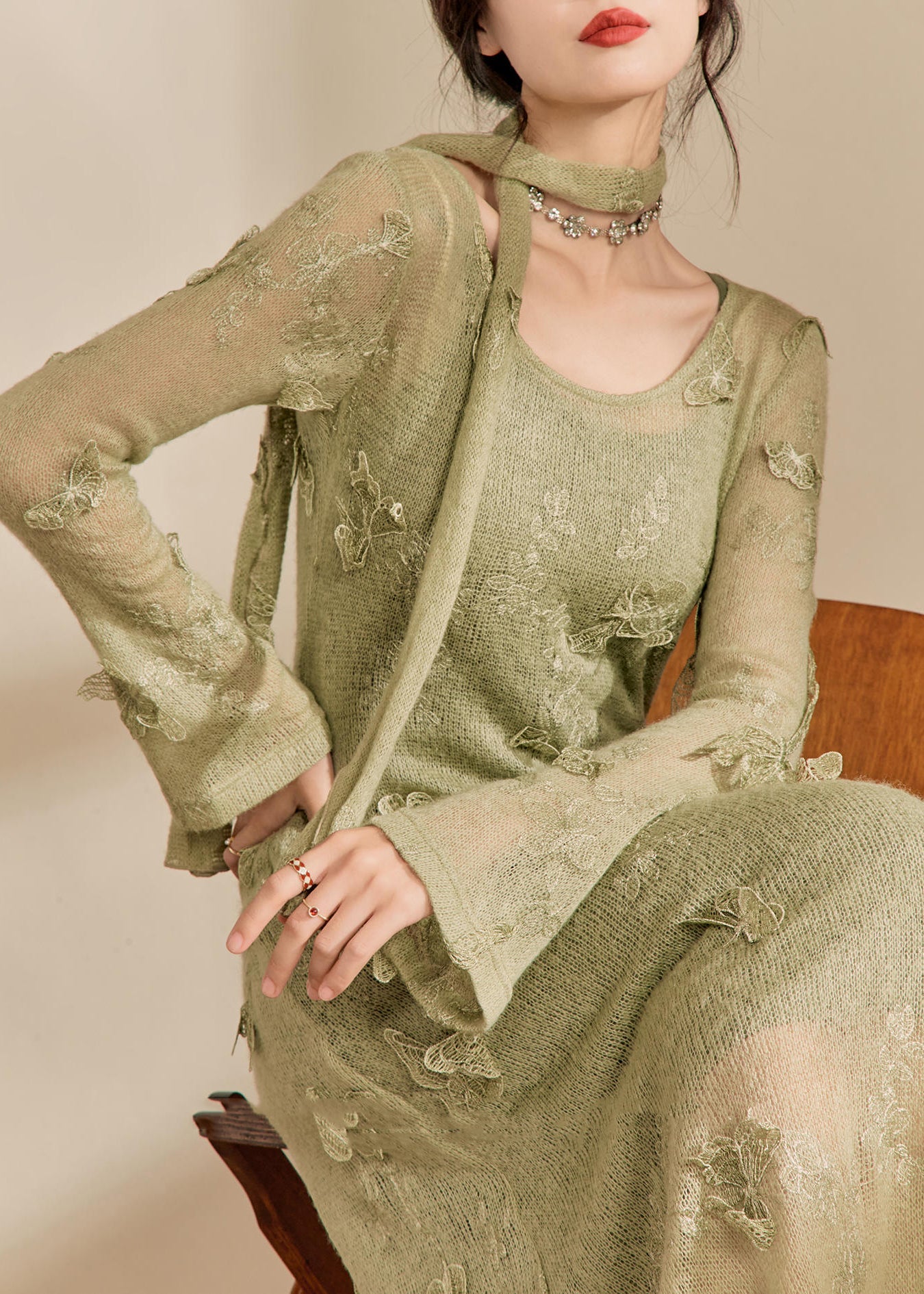 Stylish Light Green O-neck Butterfly Knit Long Dress Spring
