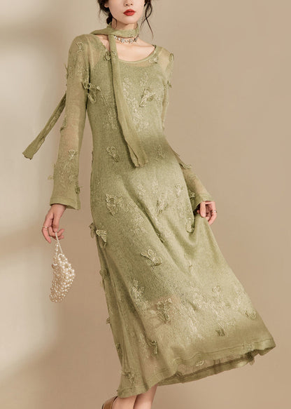 Stylish Light Green O-neck Butterfly Knit Long Dress Spring