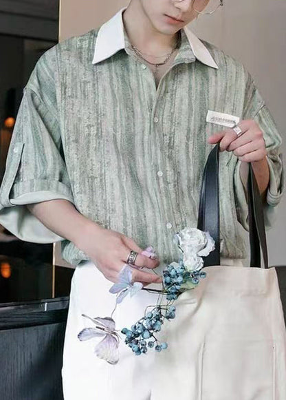 Stylish Light Green Striped Button Patchwork Cotton Shirts Half Sleeve