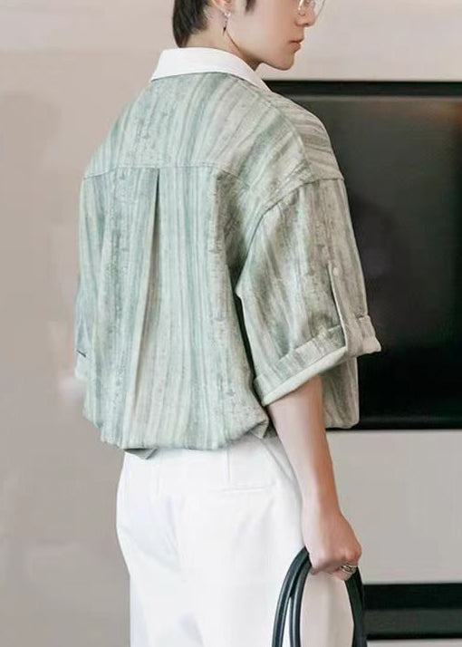 Stylish Light Green Striped Button Patchwork Cotton Shirts Half Sleeve