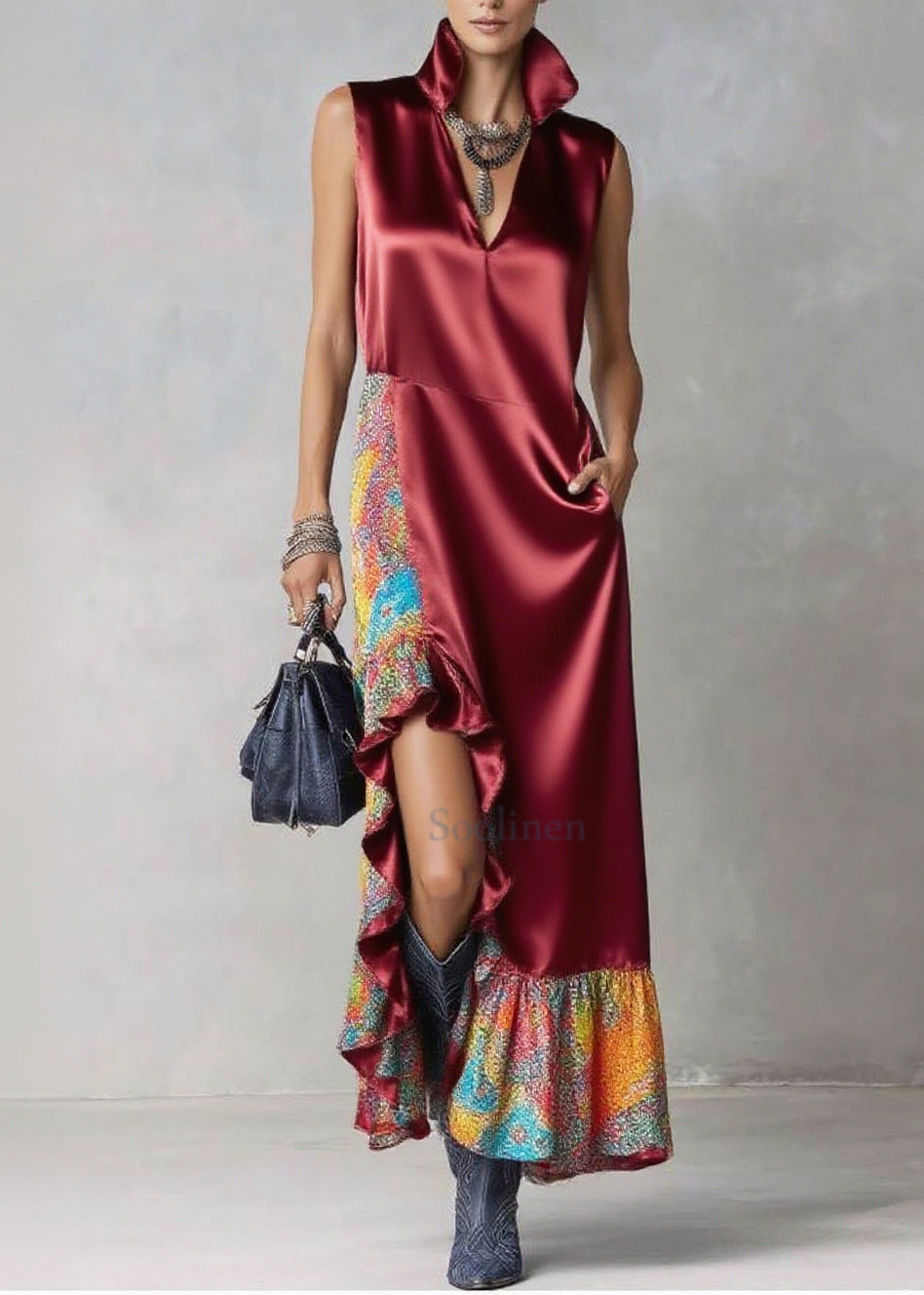 Stylish Mulberry Ruffled Patchwork Side Open Silk Vacation Dresses Sleeveless