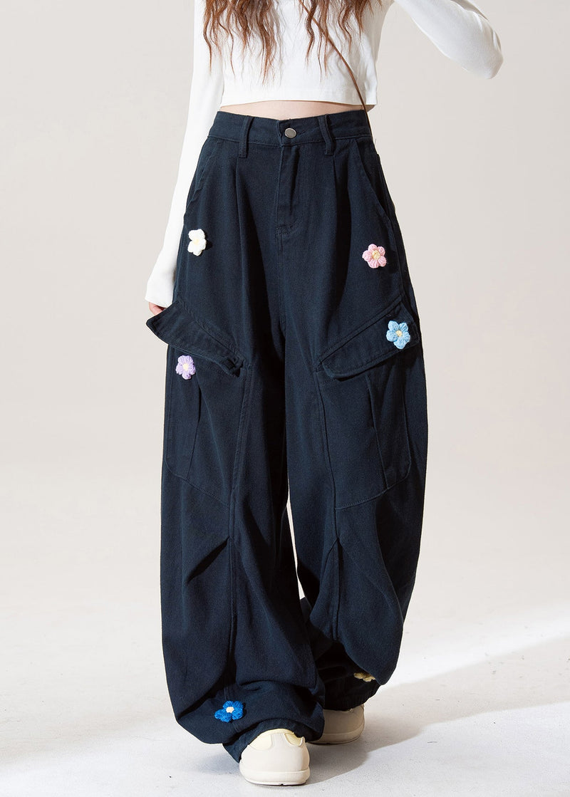 Stylish Navy Embroidered Pockets Cotton Pants Spring