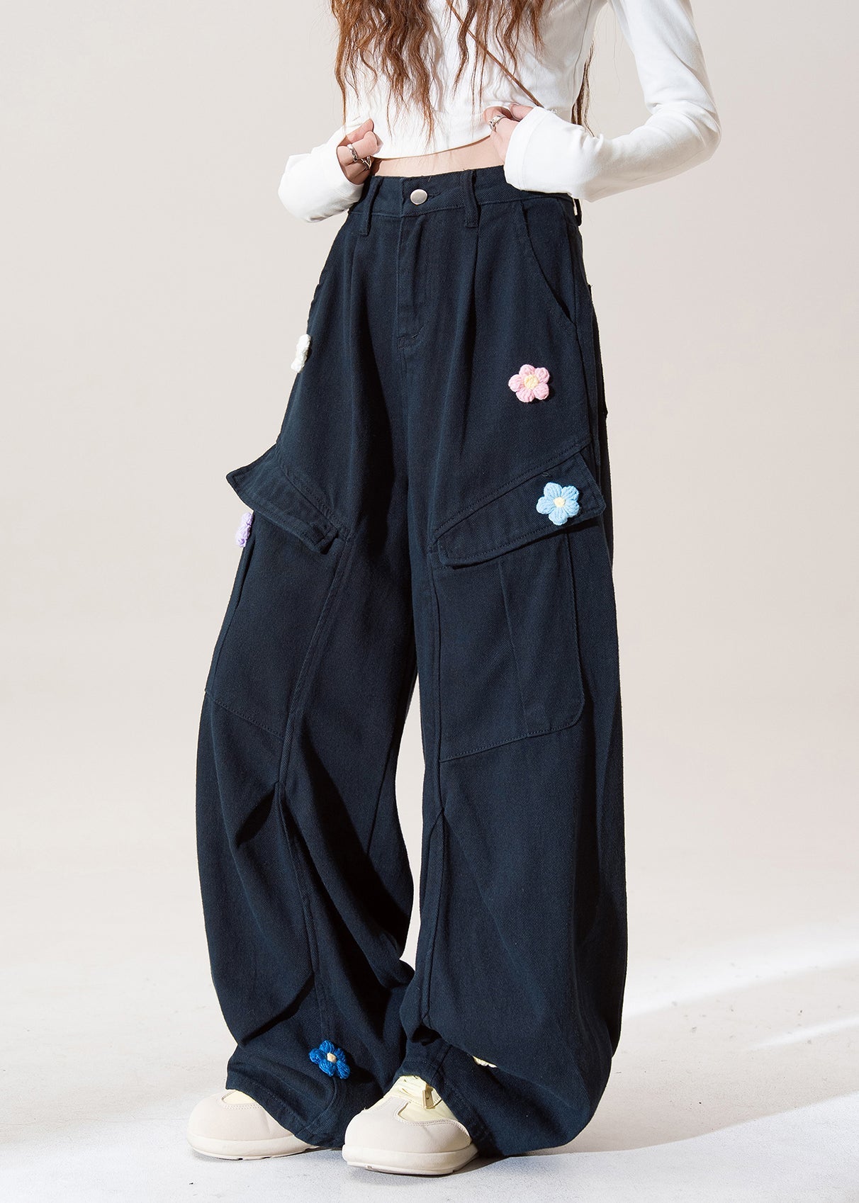 Stylish Navy Embroidered Pockets Cotton Pants Spring