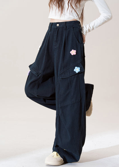 Stylish Navy Embroidered Pockets Cotton Pants Spring
