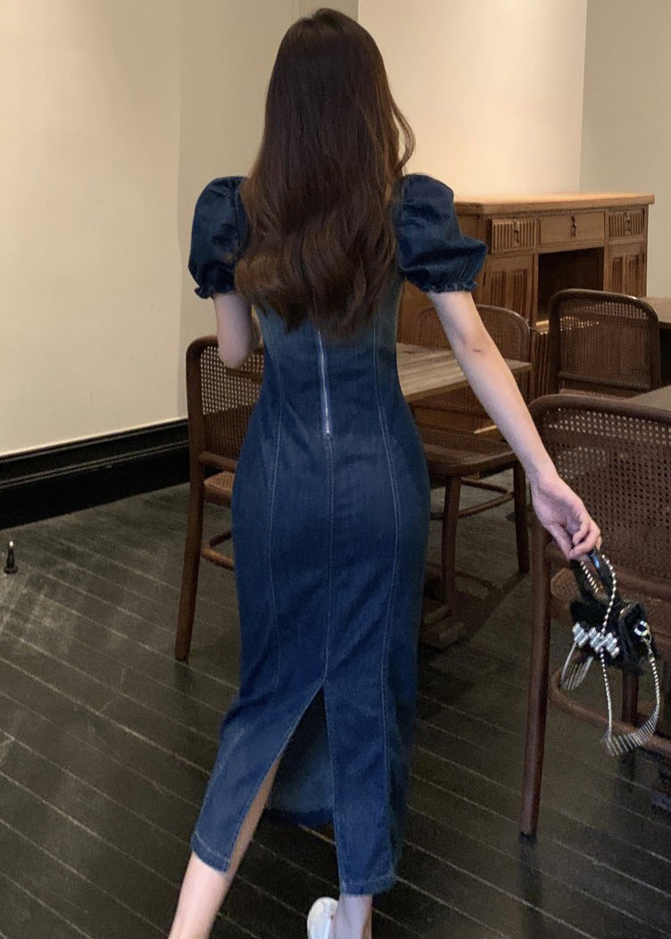 Stylish Navy Gradient Color Square Collar Denim Dress Puff Sleeve