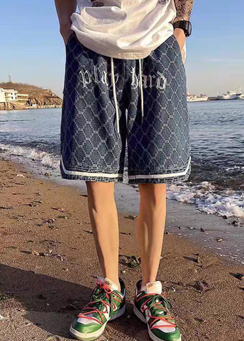 Stylish Navy Letter Pockets Elastic Waist Denim Shorts Summer