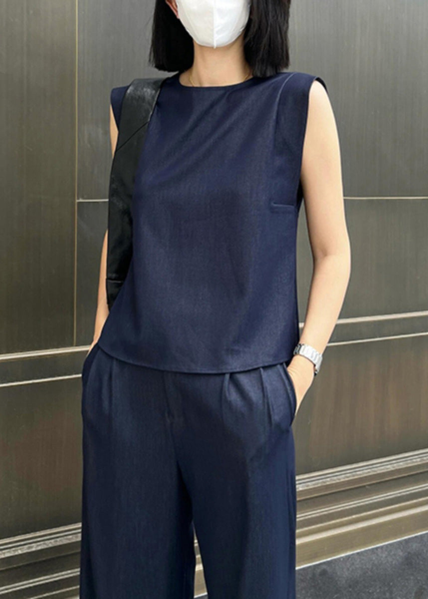 Stylish Navy O-neck Top and Wide Leg Pants Two Pieces Set Summer