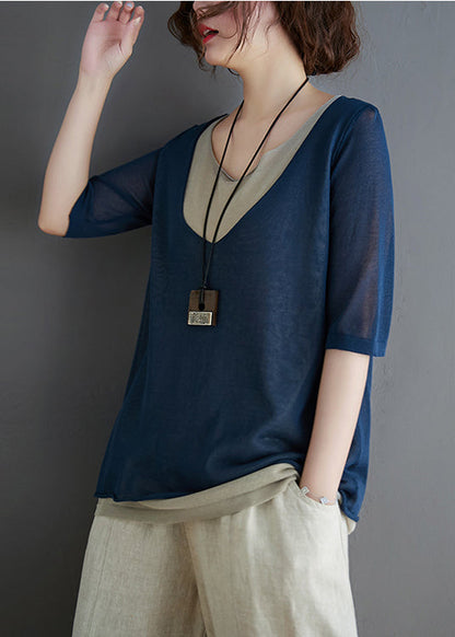 Stylish Navy Patchwork Knit Fake Two Piece Tops Summer