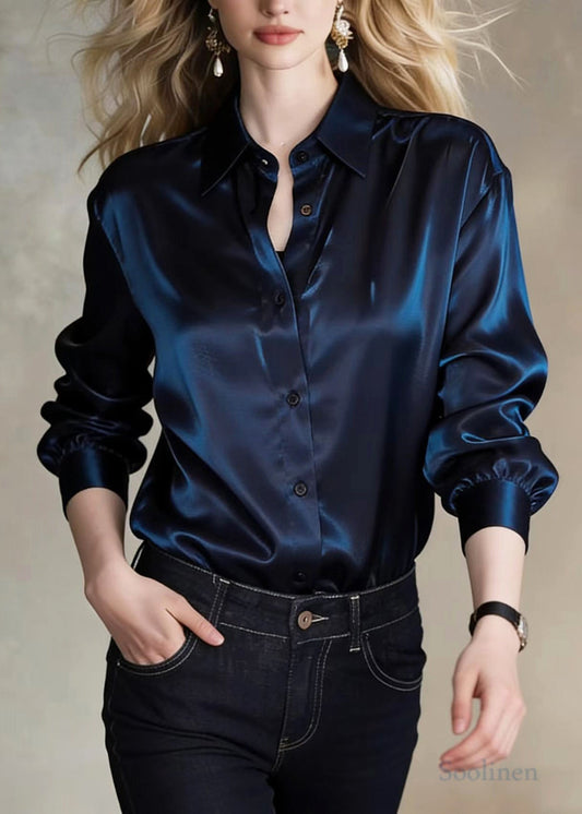 Stylish Navy Peter Pan Collar Draping Silk Shirt Top Spring
