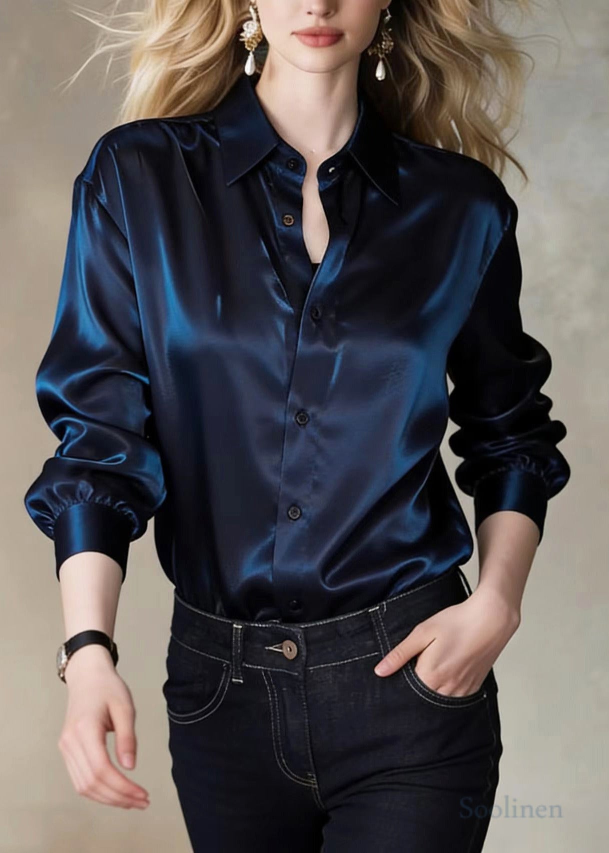 Stylish Navy Peter Pan Collar Draping Silk Shirt Top Spring