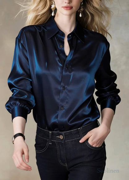 Stylish Navy Peter Pan Collar Draping Silk Shirt Top Spring