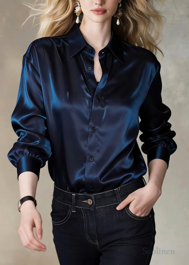 Stylish Navy Peter Pan Collar Draping Silk Shirt Top Spring