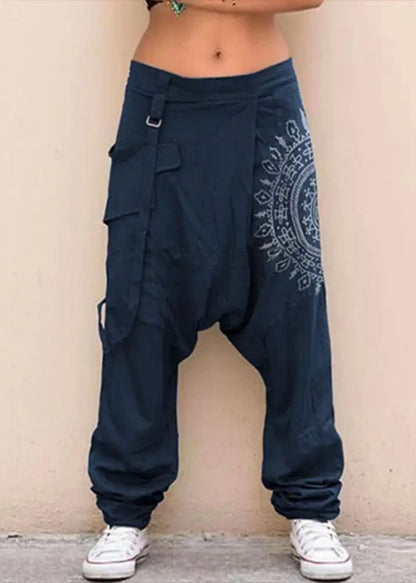 Stylish Navy Plaid Original Design Cotton Harem Pants Summer