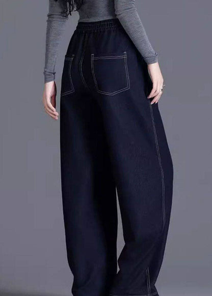 Stylish Navy Pockets Patchwork Elastic Waist Denim Pants Spring