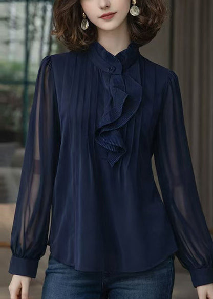 Stylish Navy Ruffled Wrinkled Chiffon Top Spring