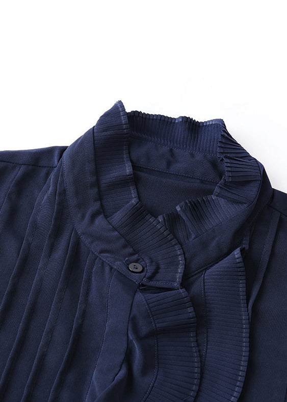 Stylish Navy Ruffled Wrinkled Chiffon Top Spring