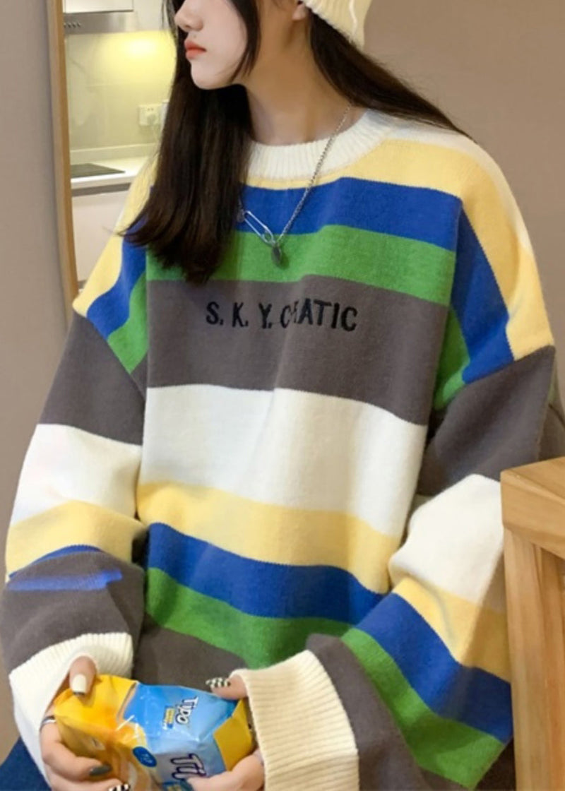 Stylish Navy Striped Embroideried Knit Sweater Fall