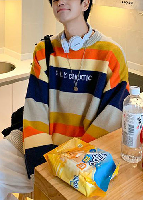Stylish Navy Striped Embroideried Knit Sweater Fall