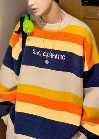 Stylish Navy Striped Embroideried Knit Sweater Fall