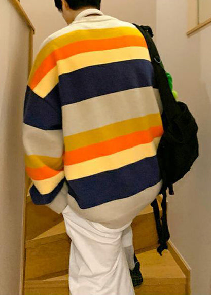 Stylish Navy Striped Embroideried Knit Sweater Fall