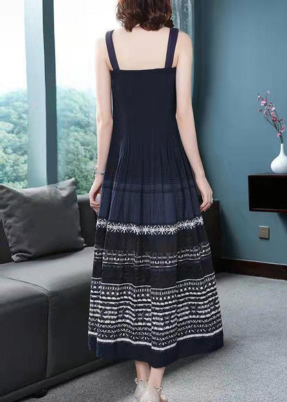 Stylish Navy Wrinkled Print Spaghetti Strap Cotton Maxi Dress Sleeveless
