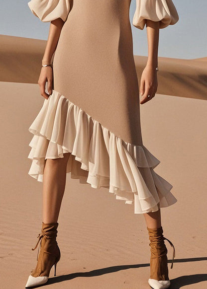 Stylish O Neck Ruffled Patchwork Knit Sweater Dress Spring
