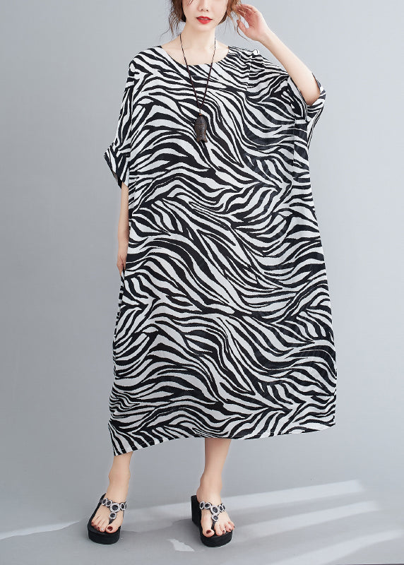Stylish O-neck Striped Print Vacation Dress Batwing Sleeve