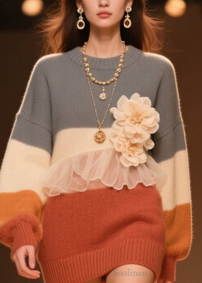 Stylish O Neck Tulle Ruffled Knit Sweaters Fall