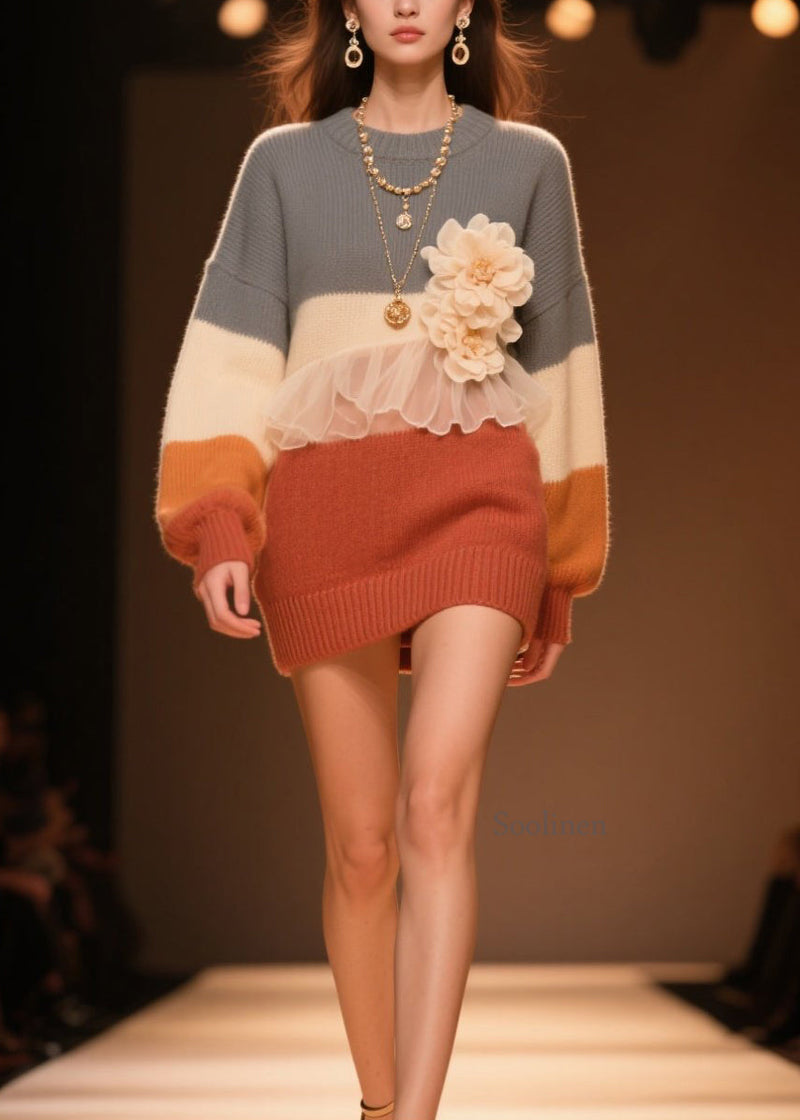 Stylish O Neck Tulle Ruffled Knit Sweaters Fall
