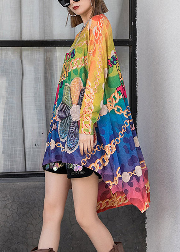 Stylish O-neck Asymmetrical Design Print Knit Tops Long Sleeve