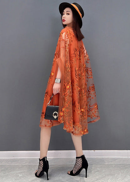Stylish Orange Embroideried Turtle Neck Tulle Upf 50+ Dress Batwing Sleeve