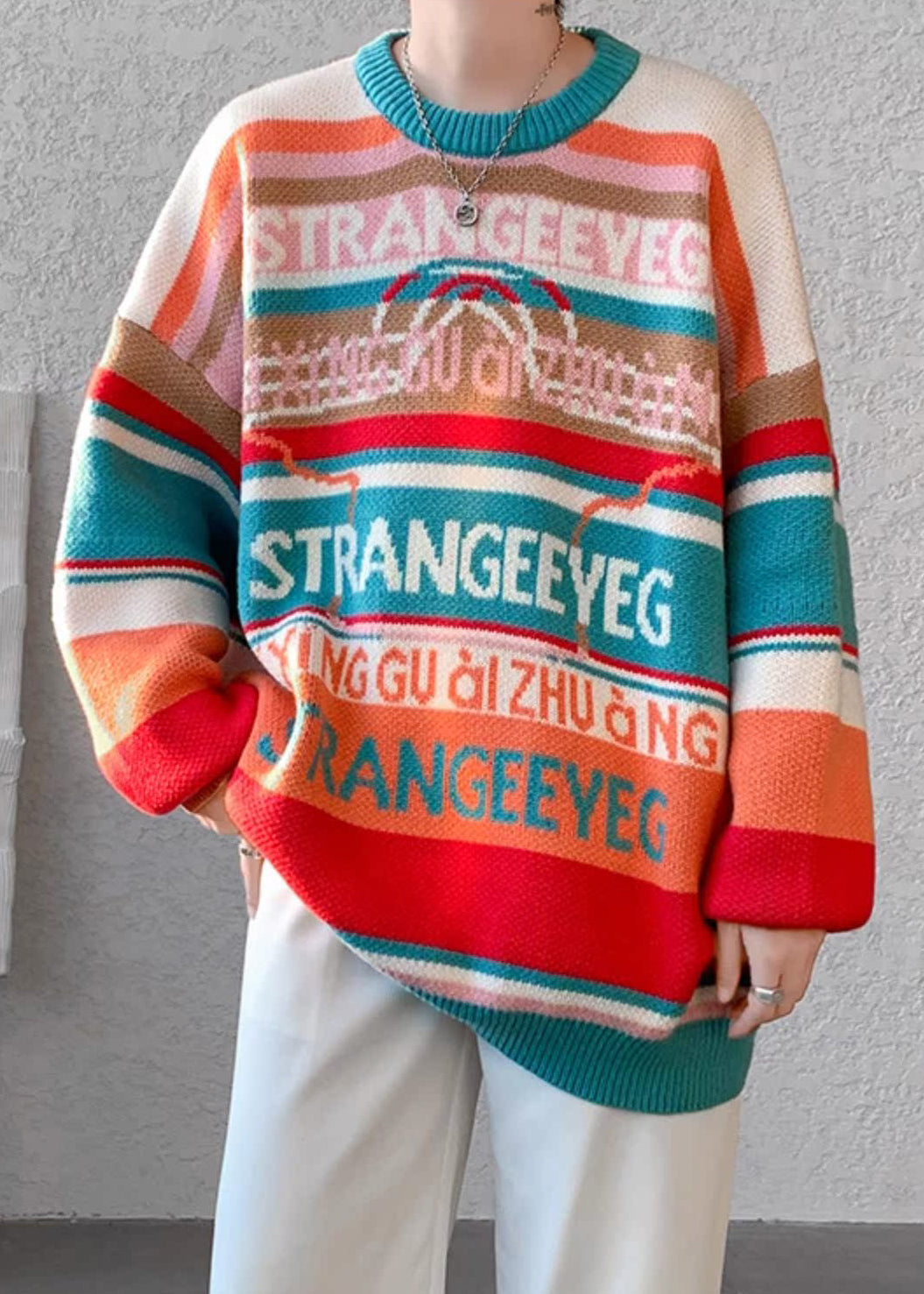Stylish Orange O Neck Striped Knit Sweaters Winter