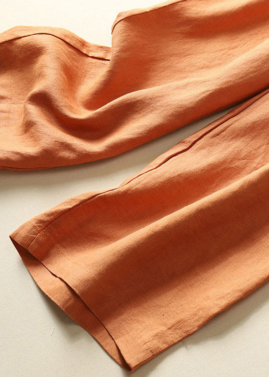 Stylish Orange Pockets Elastic Waist Drawstring Linen Wide Leg Pants Summer