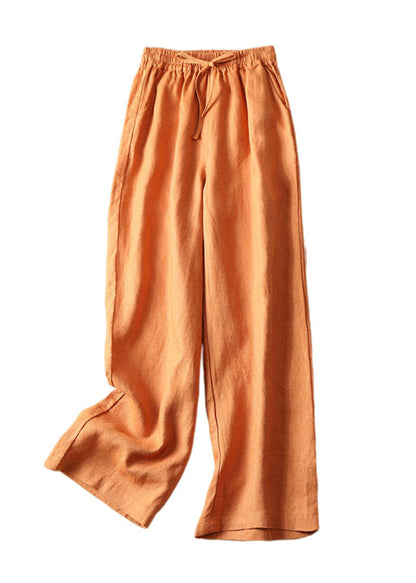 Stylish Orange Pockets Elastic Waist Drawstring Linen Wide Leg Pants Summer