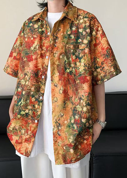 Stylish Orange Print Pockets Ice Silk Shirts Half Sleeve