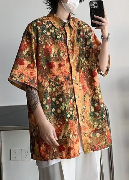 Stylish Orange Print Pockets Ice Silk Shirts Half Sleeve