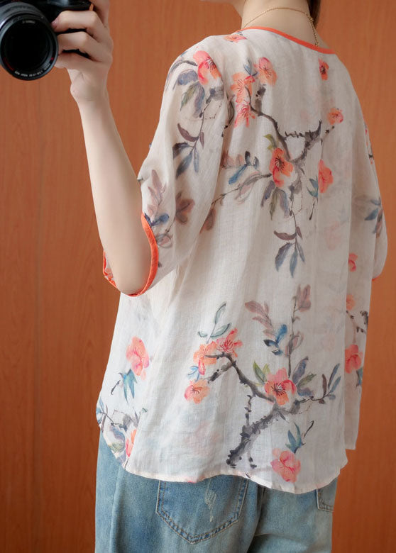 Stylish Orange Red Button Asymmetrical Design Print Fall Shirt Half Sleeve