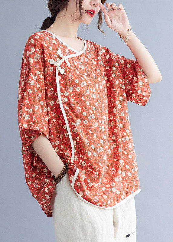 Stylish Orange Retro Print Loose Fall Shirt Half Sleeve Top