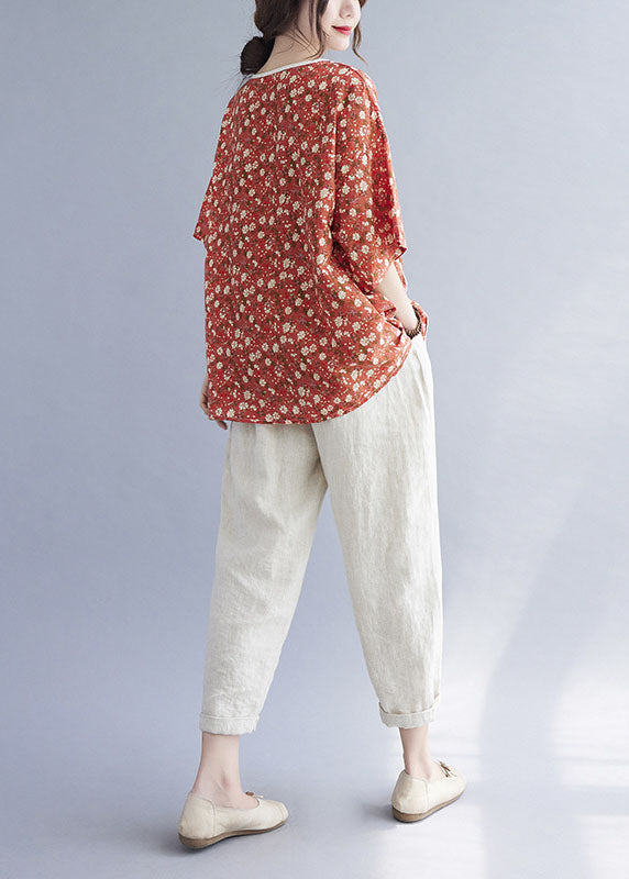 Stylish Orange Retro Print Loose Fall Shirt Half Sleeve Top