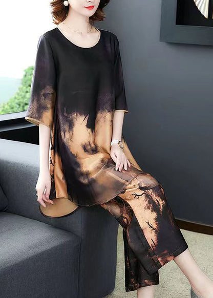 Stylish Original Colorblock O-neck Print Silk Tops and Wide Leg Pants Two Piece Set Half Sleeve