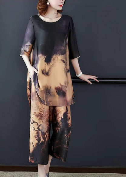 Stylish Original Colorblock O-neck Print Silk Tops and Wide Leg Pants Two Piece Set Half Sleeve