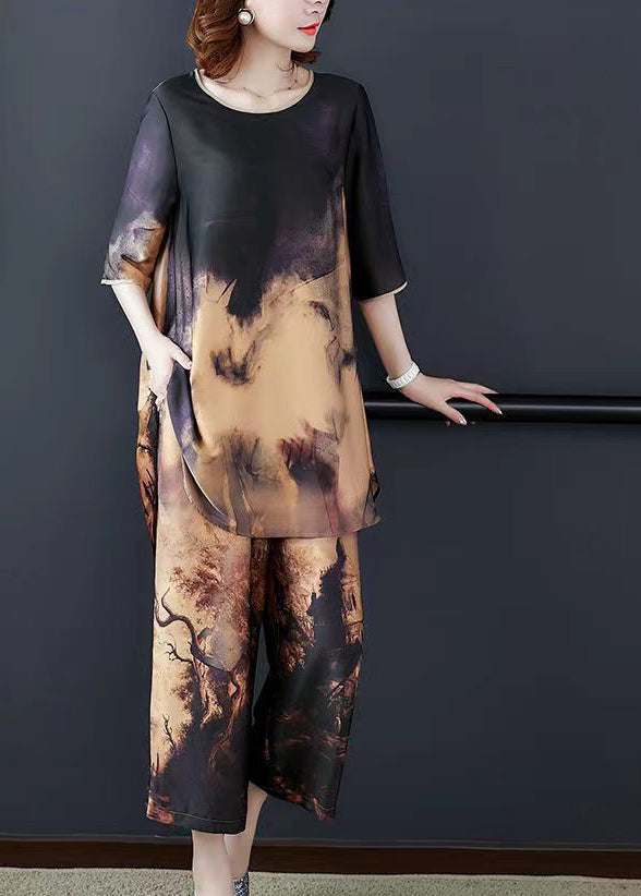 Stylish Original Colorblock O-neck Print Silk Tops and Wide Leg Pants Two Piece Set Half Sleeve