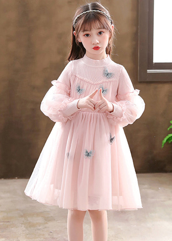 Stylish Pink Butterfly Patchwork Tulle Baby Dress Fall