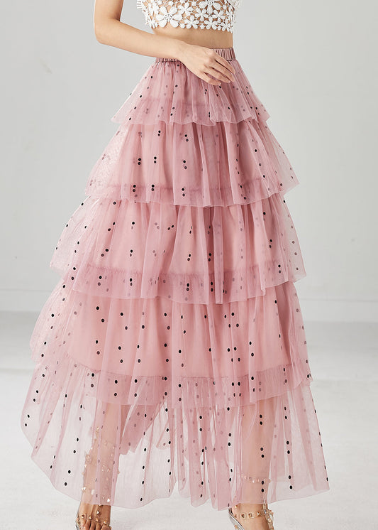 Stylish Pink Dot Print Layered Tulle a Line Skirts Fall