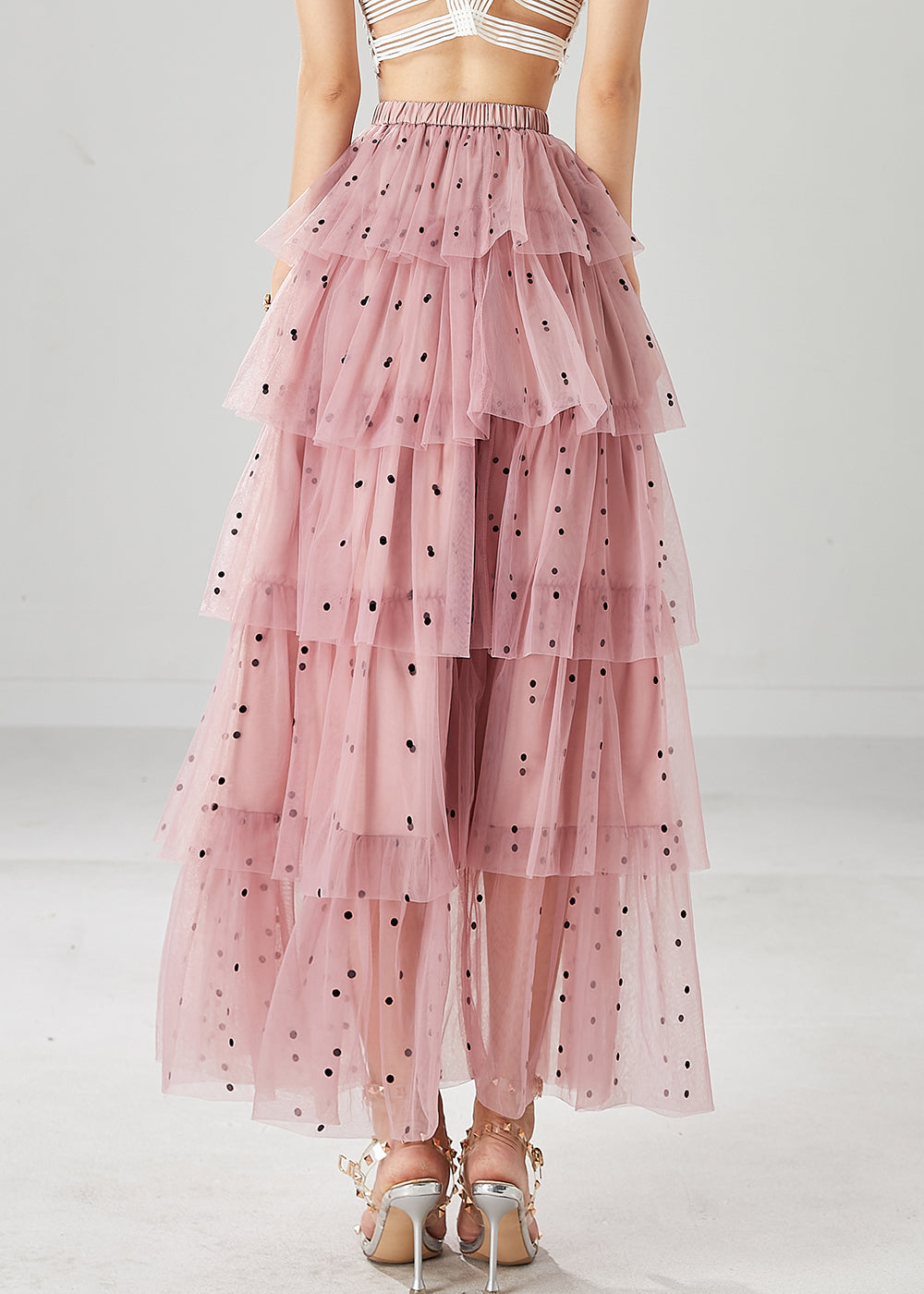 Stylish Pink Dot Print Layered Tulle a Line Skirts Fall