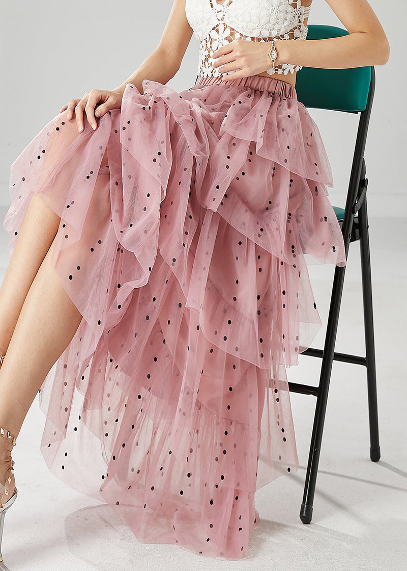 Stylish Pink Dot Print Layered Tulle a Line Skirts Fall