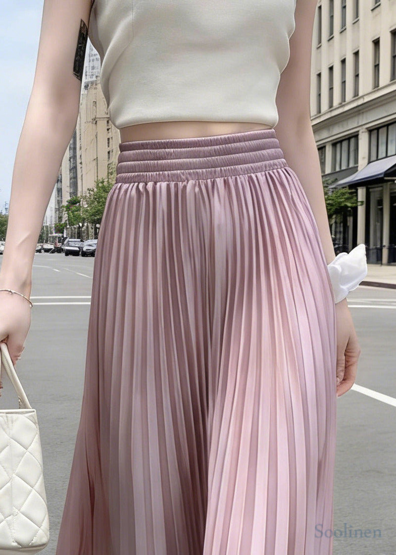 Stylish Pink Elastic Waist Exra Large Hem Satin Pleated Skirts Spring