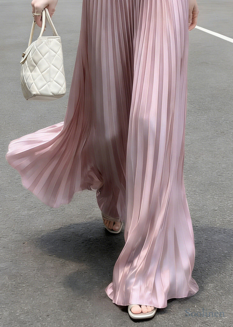 Stylish Pink Elastic Waist Exra Large Hem Satin Pleated Skirts Spring