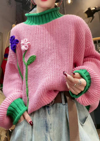 Stylish Pink Hign Neck Patchwork Knit Sweater Winter